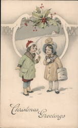 Christmas Greetings, Two Children with Holly Postcard