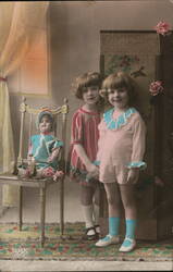 Two Young Girls with Doll and Screen Postcard