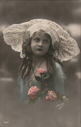 Girl in Bonnet with Roses, Carte Postale, 1914 Postcard