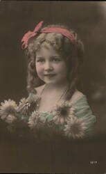 Little Girl with Red Bow and Flowers Postcard