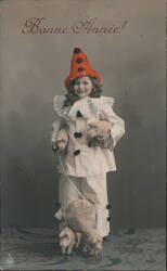 Bonne Année! Girl in Clown Costume with Toy Pigs Children Postcard Postcard Postcard