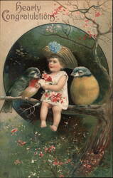 Hearty Congratulations - Child with Birds and Flowers Postcard