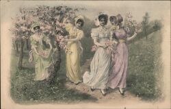 Four Women in Pastel Dresses with Spring Flowers Postcard Postcard Postcard