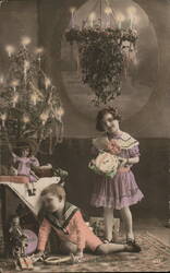 Bonne Année - Children with Christmas Tree and Presents Postcard