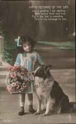 Little Girl with Flowers and Collie Dog, Happy Birthday Postcard