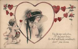 Vintage Valentine Postcard, Woman in Hat, Cupid Postcard