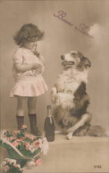 Little Girl with Dog and Champagne, Bonne Année Postcard