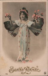 Bonne Annee, Girl with Butterfly Wings, Roses Postcard