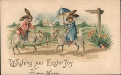 Anthropomorphic Rabbits Riding Donkeys, Easter Joy Postcard