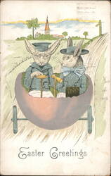 Two Rabbits in Easter Egg Carriage Postcard