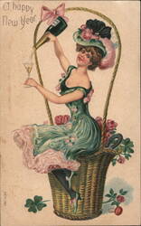 Happy New Year, Woman Pours Champagne into Glass Postcard