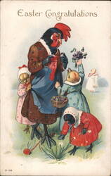 Easter Greetings - Hen Knitting with Chicks Postcard