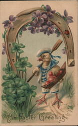 Easter Chick in Sailor Suit with Boat, Eggs, Horseshoe, Violets Postcard