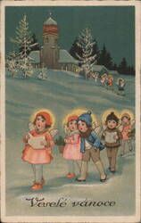 Czech Christmas Angels Caroling in Snow by Church Veselé vánoce Postcard Postcard Postcard