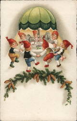 Seven Gnomes Dancing Under Green Canopy Fantasy Postcard Postcard Postcard