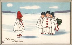 A Joyous Christmas - Child and Pierrots in Snow Postcard