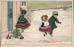 Children Ice Skating, Girl Hanging Christmas Wreath Postcard