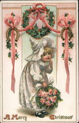 Little Girl with Flowers, Holly Wreath, Horseshoes, Merry Christmas Postcard