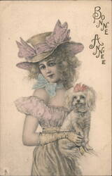 Bonne Annee, Girl with Dog, Pink Hat, Gloves Postcard