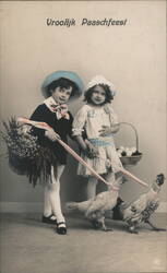 Dutch Easter Postcard, Boy & Girl with Chickens With Children Postcard Postcard