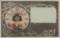 New Year's Postcard, Girl with Clock Face, "A Toute Heure Bonheur" Postcard