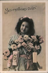 Girl with Flowers and Gifts, "Mes meilleures vœux" Postcard