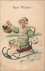 Girl on Sled with Basket of Fruit, Best Wishes Postcard