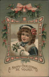 Young Girl with Holly and Mistletoe, Happy Christmas Postcard