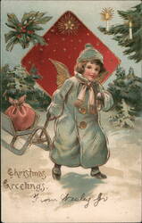 Christmas Angel with Sled and Red Holly Postcard