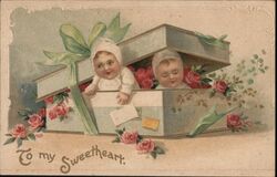 Two Babies in a Gift Box with Roses, To My Sweetheart Postcard