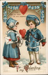 Boy and Girl Exchanging Valentines, To My Valentine Postcard