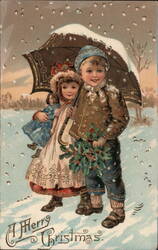 Boy & Girl with Umbrella & Holly, Merry Christmas Postcard