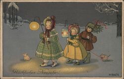 Three Children with Lanterns and Two Small Dogs on New Year's Eve Postcard