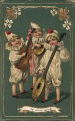 Three Children Dressed As Clowns Playing Musical Instruments Postcard