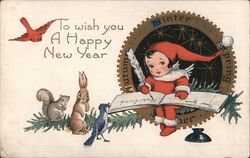 Happy New Year Elf Writing, Animals Watching Postcard