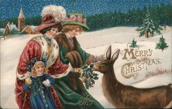 Two Women and Child Offer Holly to Deer, Merry Christmas Postcard