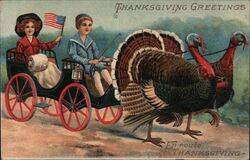 Thanksgiving Greetings, Children in Carriage Pulled by Turkeys Postcard