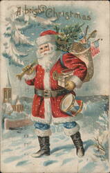 A Bright Christmas - Santa Claus with Toys and American Flag Postcard