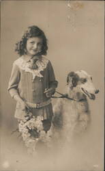 Girl with Flowers and Borzoi Dog Dogs Postcard Postcard Postcard