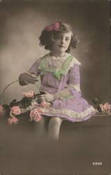 Girl in Purple Dress with Basket of Roses Postcard