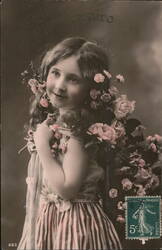 French Birthday Postcard, Girl with Flowers Postcard