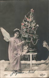 Angel Girl with Christmas Tree on Sleigh, Joyeux Noël Postcard