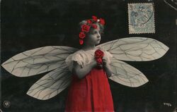 Antique Postcard - Young Girl Fairy with Red Roses and Insect Wings Postcard