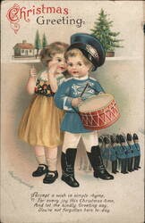 Christmas Greeting, Girl Whispering to Boy with Drum, Toy Soldiers Postcard