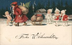 Frohe Weihnachten - Santa, Cherub, Children, Sled, Gifts Postcard