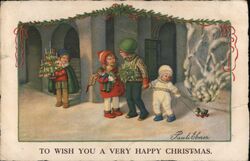 Four Children with Christmas Toys and Decorations Postcard