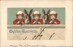 Three Girls with Bunnies and Flowers, Easter Gladness Postcard