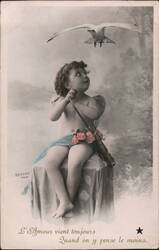 Cherubic Cupid with Bow and Arrow, Bird Overhead Postcard