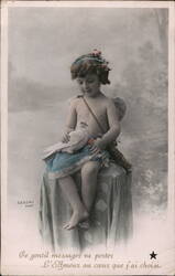 Cherub Cupid with Dove and Flowers, French Postcard Postcard