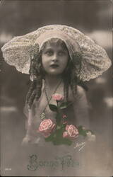 Bonne Fete French Postcard Girl in Lace Bonnet with Roses Postcard